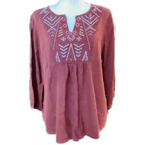 Caslon Boho Split V-Neck Long Sleeve Embroidered Top Women M Purple Burgundy